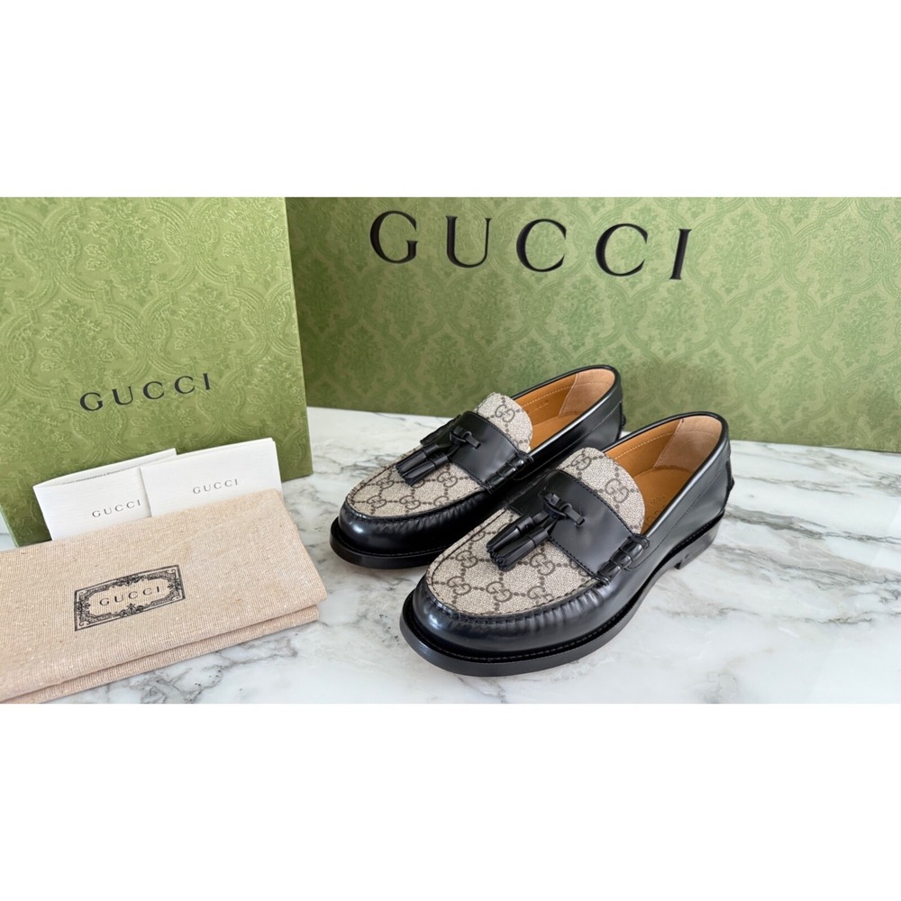 NWT Gucci 673817 Mens GG Logo Leather Loafers Shoes Black/Beige Gucci 5.5 - Picture 2 of 9